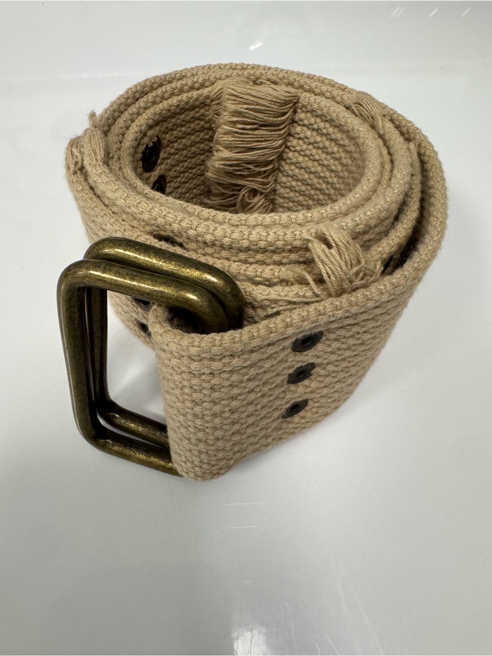 Y2K Men's Tan Canvas Web Belt with Antique Brass Buckle fit about 30” waist
